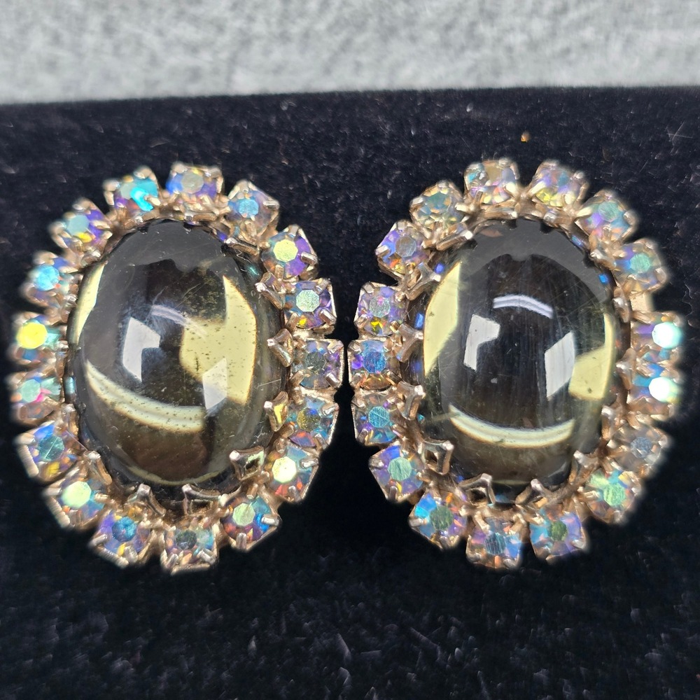 Juliana? Style Aurora Borealis Halo Rhinestone Smoky Cabochon Clip On Earrings